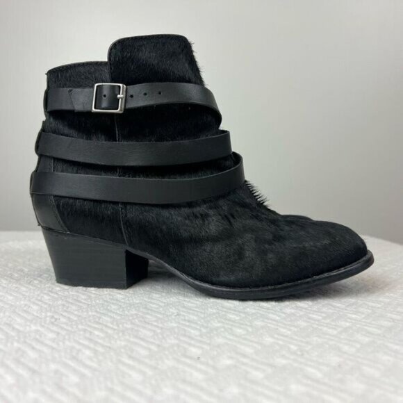 Matiko Boots Womens 6.5 Slip On Buckle Strap Ankle Bootie Black Fur Calf Heels - Picture 1 of 15